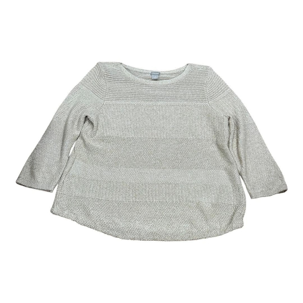 Chico's Sweater Womens XL Beige Metallic Open Knit Pullover 3/4 Sleeve Cotton